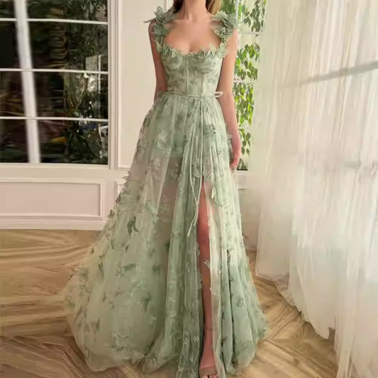 Elegant Sage Green 3D Floral Tulle Maxi High Slit Evening Dress DP8072