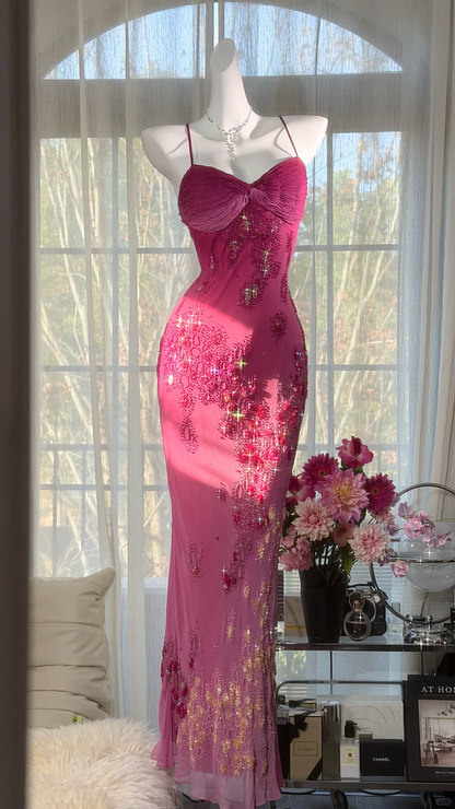 Glamorous Fuchsia Sequined Beaded Sweetheart Mermaid Prom Dress Spaghetti Strap Evening Dress DP8125