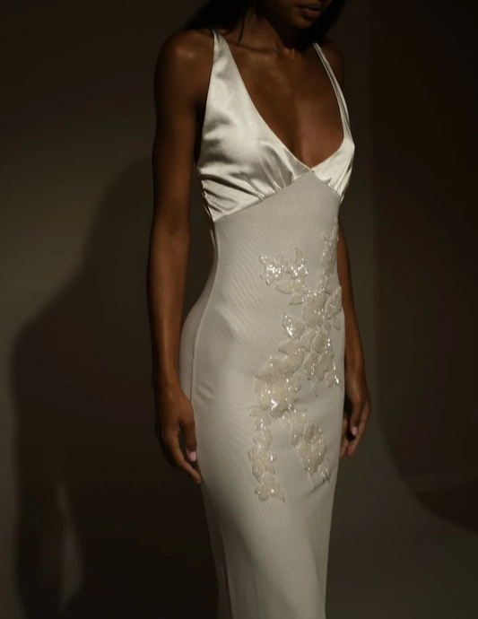 Elegant Ivory V Neck Appliques Sheath Long Evening Party Dress, DP2865