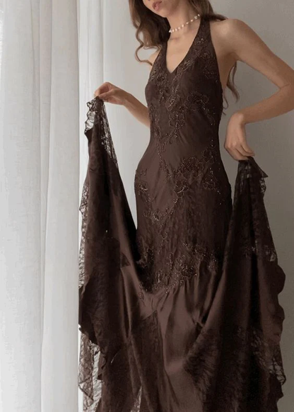 Vintage Halter Party Dress Brown Lace Evening Dress, DP2279