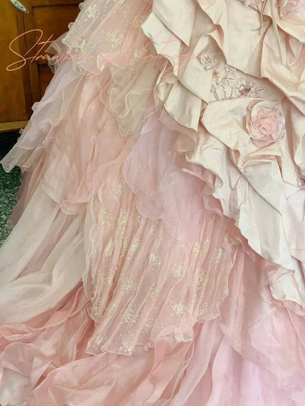 Elegant Pink 3D Flower Sweet 16 Quinceanera A-Line Floor-length Prom Dress Birthday Dress Evening Dress Ball Gown DP6442