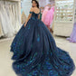 Glamorous Navy Blue Appliqued Beaded Off-Shoulder Quinceanera Sweet 15 Ball Gown DP7191