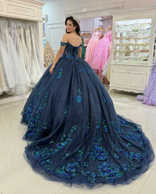 Robe de bal glamour bleu marine ornée d'appliqués et de perles, épaules dénudées, pour Quinceañera ou Sweet 15 DP7191