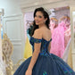 Glamorous Navy Blue Appliqued Beaded Off-Shoulder Quinceanera Sweet 15 Ball Gown DP7191