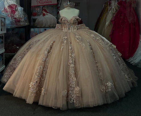 Robe de bal élégante rose à décolleté cœur, broderie perlée, épaules dénudées, en tulle, pour Sweet 15 ou Quinceañera DP7225