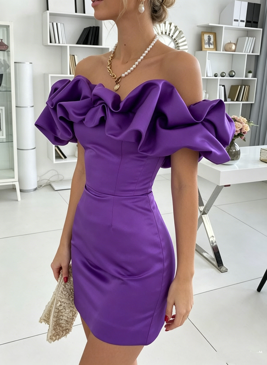 Vintage Purple Satin Off-Shoulder Ruffle Bodycon Homecoming Dress DP8546