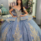 Vintage Blue Off-Shoulder Beaded Applique Quinceanera Sweet 15 Ball Gown DP7178
