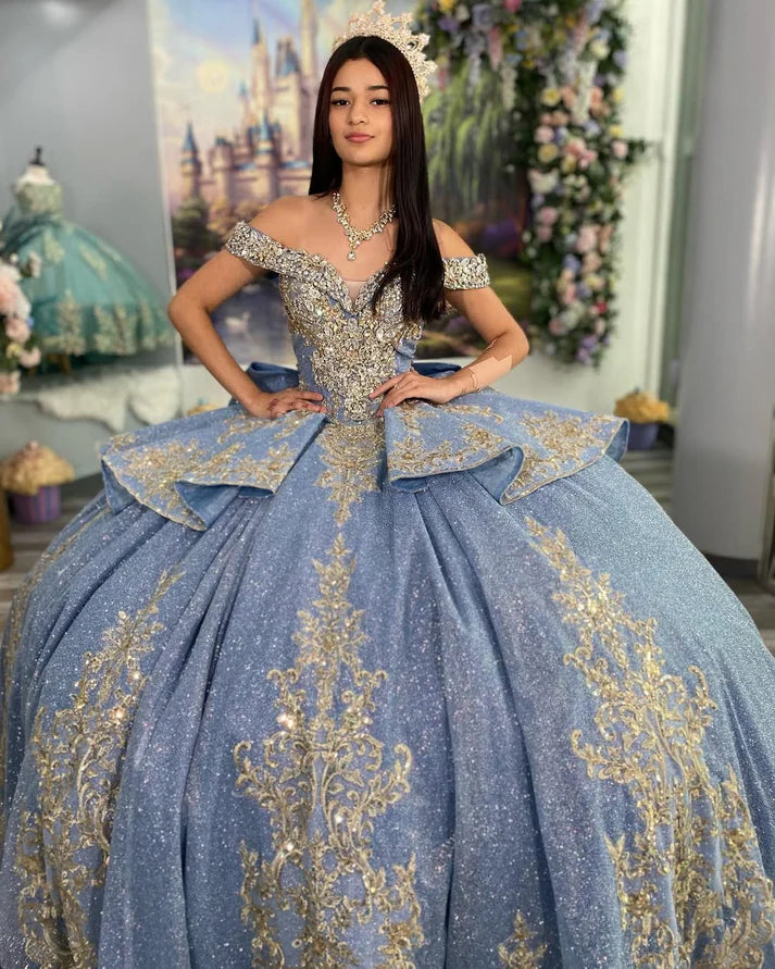 Vintage Blue Off-Shoulder Beaded Applique Quinceanera Sweet 15 Ball Gown DP7178