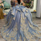 Vintage Blue Off-Shoulder Beaded Applique Quinceanera Sweet 15 Ball Gown DP7178