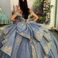 Vintage Blue Off-Shoulder Beaded Applique Quinceanera Sweet 15 Ball Gown DP7178