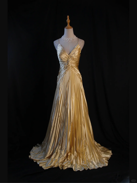 Glamorous Gold Satin Spaghetti Strap Ruched Bodice V-Neck Formal Evening Gown DP7370