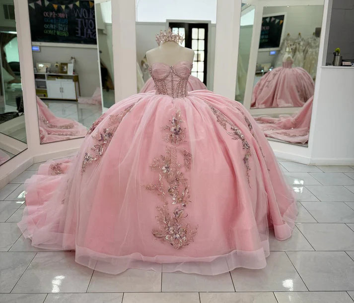 Vintage Pink Tulle Beaded Sweetheart Applique Strapless Quinceanera Sweet 15 Ball Gown DP7177