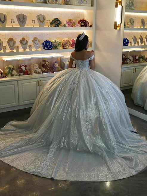 Elegant Light Blue Off-Shoulder Sweetheart Sequin Tulle Quinceanera Ball Gown DP7232