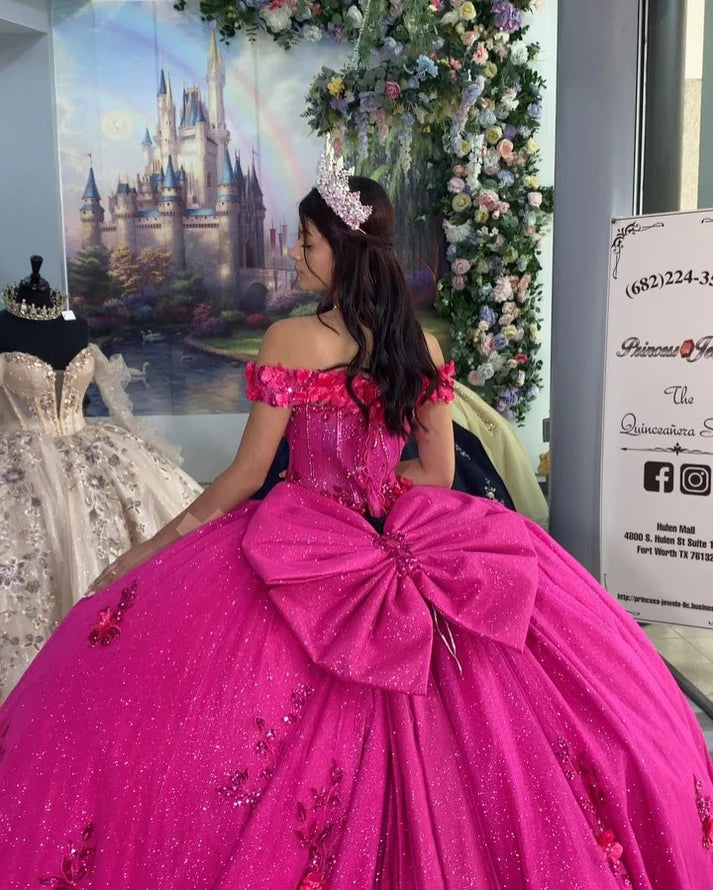 Vintage Hot Pink Off-Shoulder Beaded Applique Quinceanera Sweet 15 Ball Gown DP7179