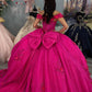 Vintage Hot Pink Off-Shoulder Beaded Applique Quinceanera Sweet 15 Ball Gown DP7179