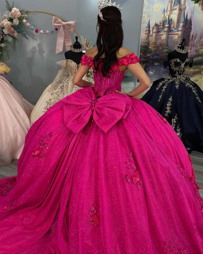 Vintage Hot Pink Off-Shoulder Beaded Applique Quinceanera Sweet 15 Ball Gown DP7179