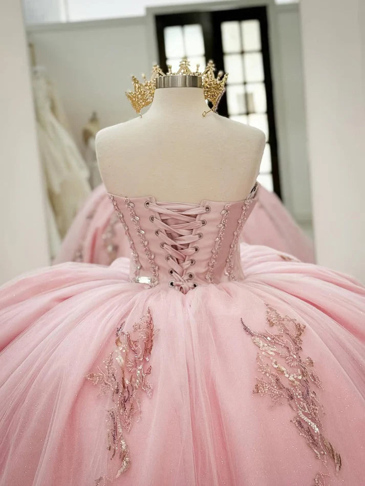 Vintage Pink Tulle Beaded Sweetheart Applique Strapless Quinceanera Sweet 15 Ball Gown DP7177