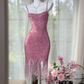 Vintage Pink Sparkling Sequin Spaghetti Strap Tassels Hem Romantic  Evening Dress Prom Dresses DP6140