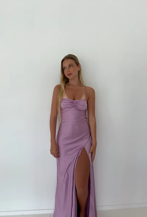 Elegant Satin Prom Dress Sheath Spaghetti Strap Evening Gown High Slit Party Dress Long Formal Dress DP6720