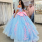 Glamorous Light Blue Cinderella-Inspired Pink Floral Applique Off-Shoulder Ruffled Quinceanera Sweet 15 Ball Gown DP7192