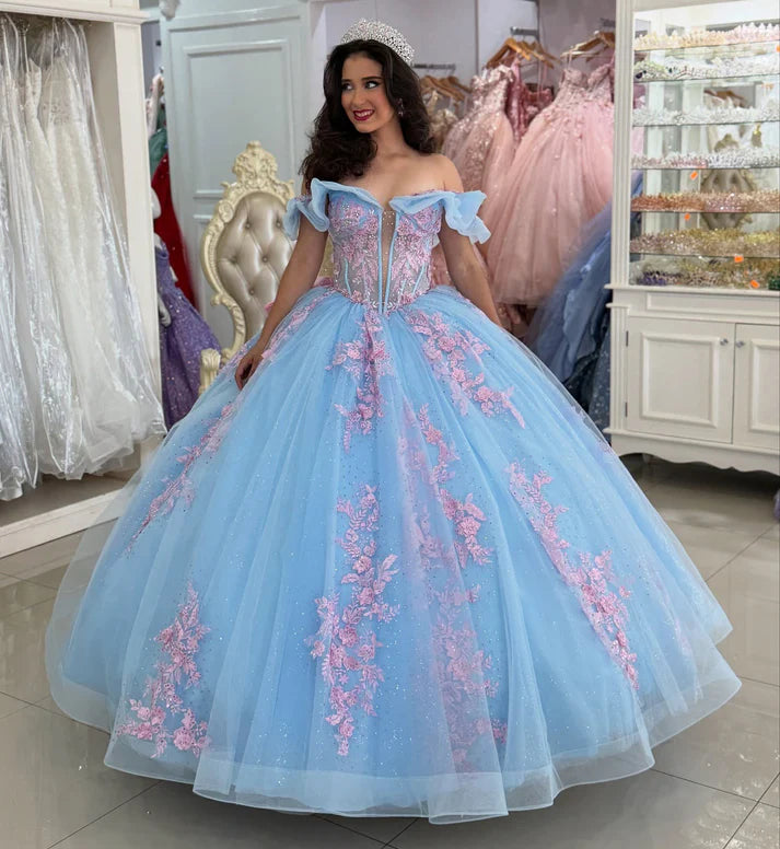 Glamorous Light Blue Cinderella-Inspired Pink Floral Applique Off-Shoulder Ruffled Quinceanera Sweet 15 Ball Gown DP7192