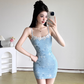 Cute Light Blue Floral Spaghetti Strap Bodycon Short Summer Dresses Party Dress Homecoming Dress DP6342