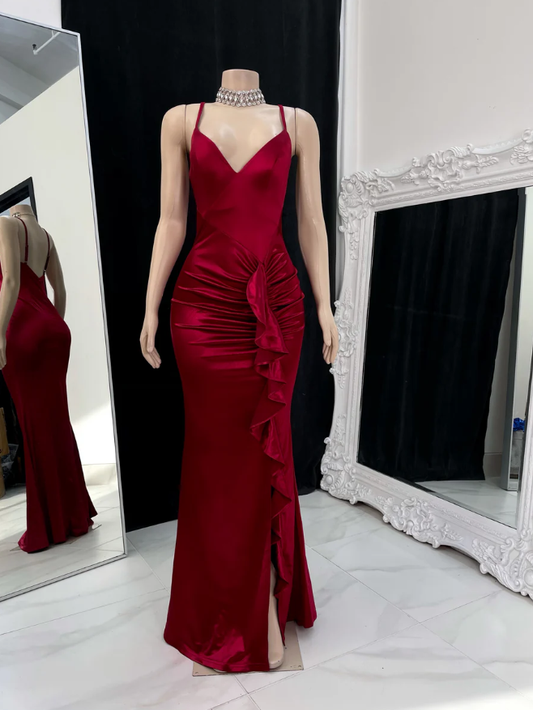 Wine Red Straps Ruffles V Neck Long Prom Dress with Slit, DP2609