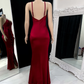 Wine Red Straps Ruffles V Neck Long Prom Dress with Slit, DP2609