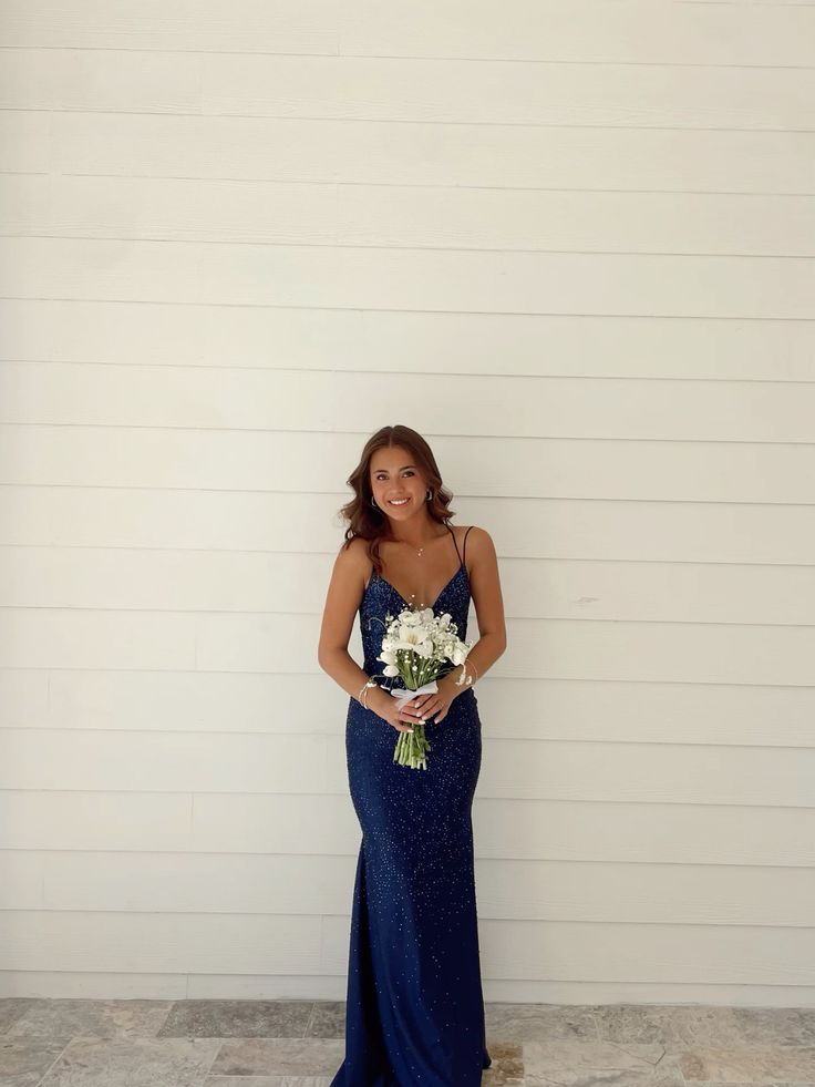 Navy Blue Straps Mermaid Shiny Long Formal Party Dress, DP3741