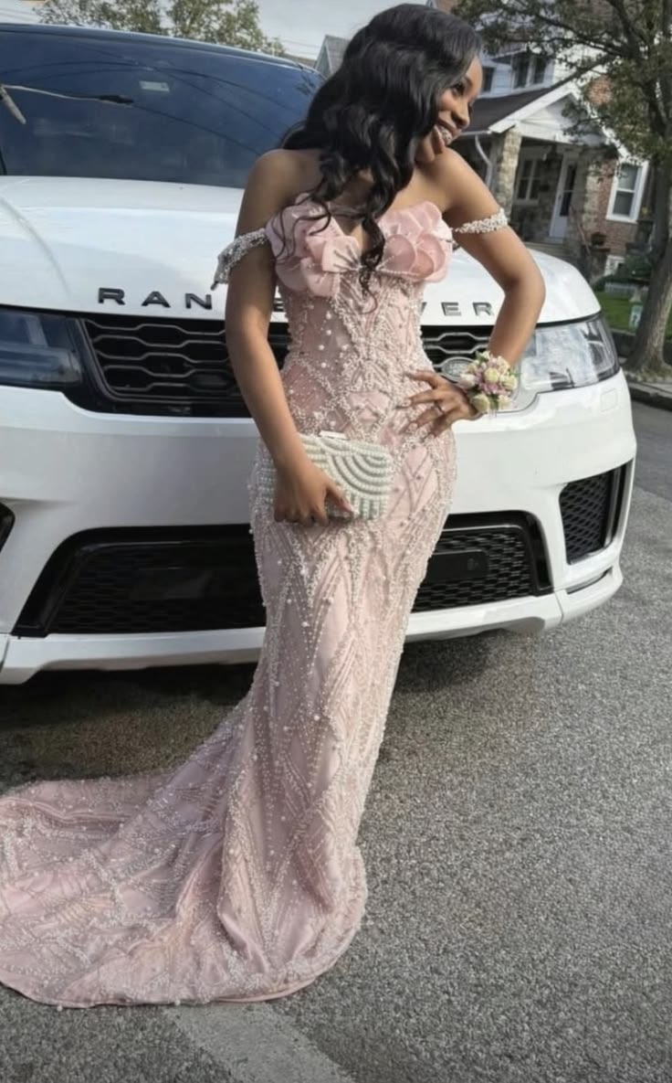 Elegant Pink Off-the-Shoulder Pearl Beaded Mermaid 3D Floral Applique Evening Gown DP8559