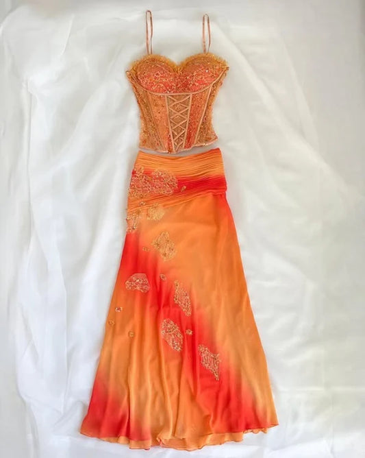 Vintage Orange Ombre Sweetheart A-Linie Zweiteiler Ballkleid Perlenbesetztes Chiffon Spaghettiträger Formales Kleid, DP6549