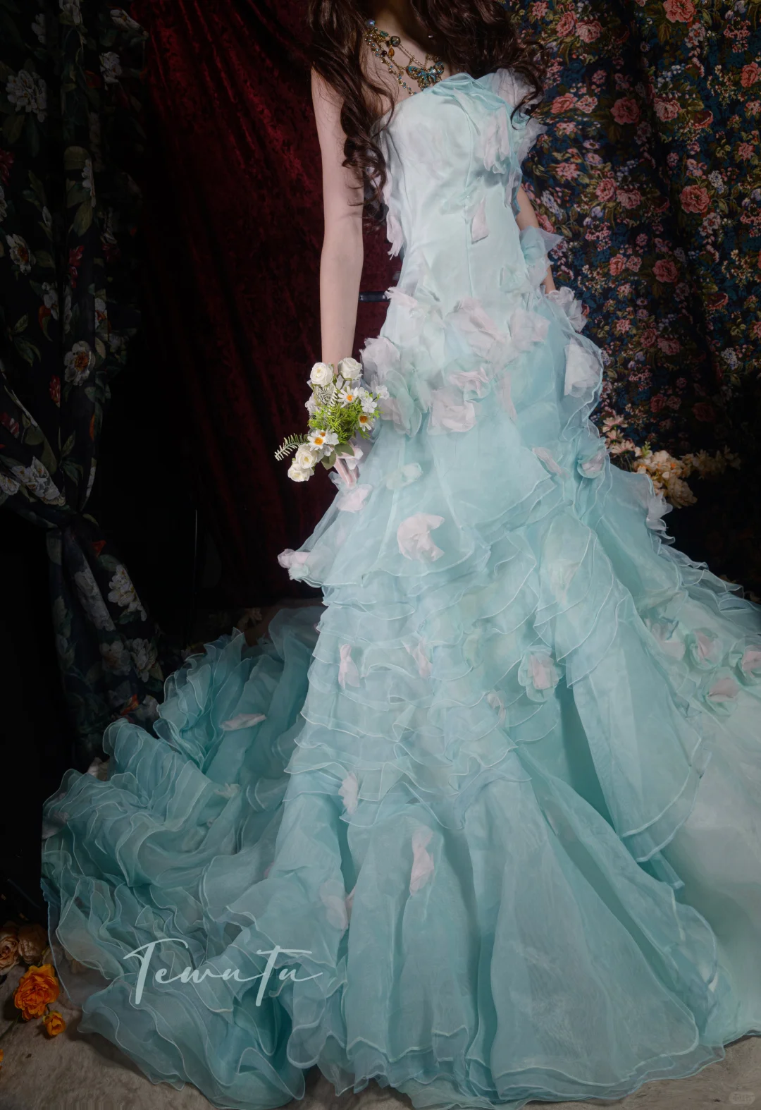 Elegant Mint Green Ruffled Tulle 3D Floral Sweet 16 Quinceanera Ball Gown  DP7414