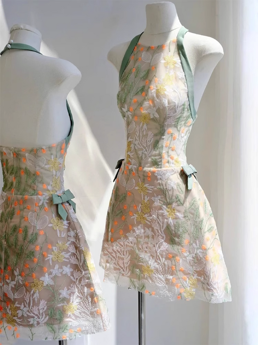 Vintage Fashion Floral Halter Dress Design A-line Party Dresses Homecoming Dresses, DP5859