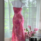 Retro Pink V-neck Floral Elegant Chiffon Evening Dress Prom Dresses DP6146