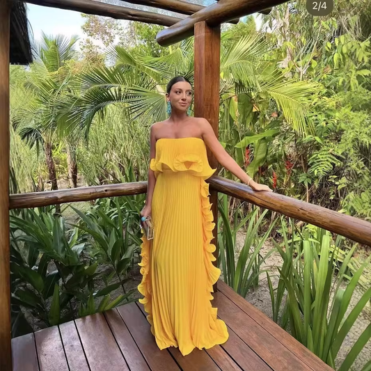 Glamorous Yellow Strapless Pleated Ruffle Evening Dress DP8095