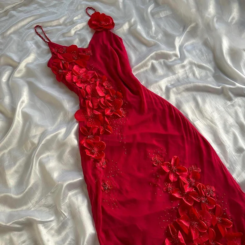 Charming Red Spaghetti Straps Flower Appliques Vintage Evening Dress, DP2511