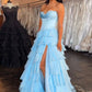 Elegant Strapless Sweetheart Tiered Evening Gown with High Slit DP7929