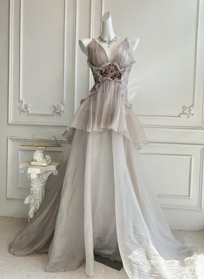 Elegant Ruffled Layered V-Neck Beaded Tiered Evening Dress DP8398