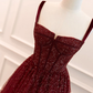 Shiny Burgundy Straps A-Line Long Formal Prom Dress Birthday Outfits, DP3586