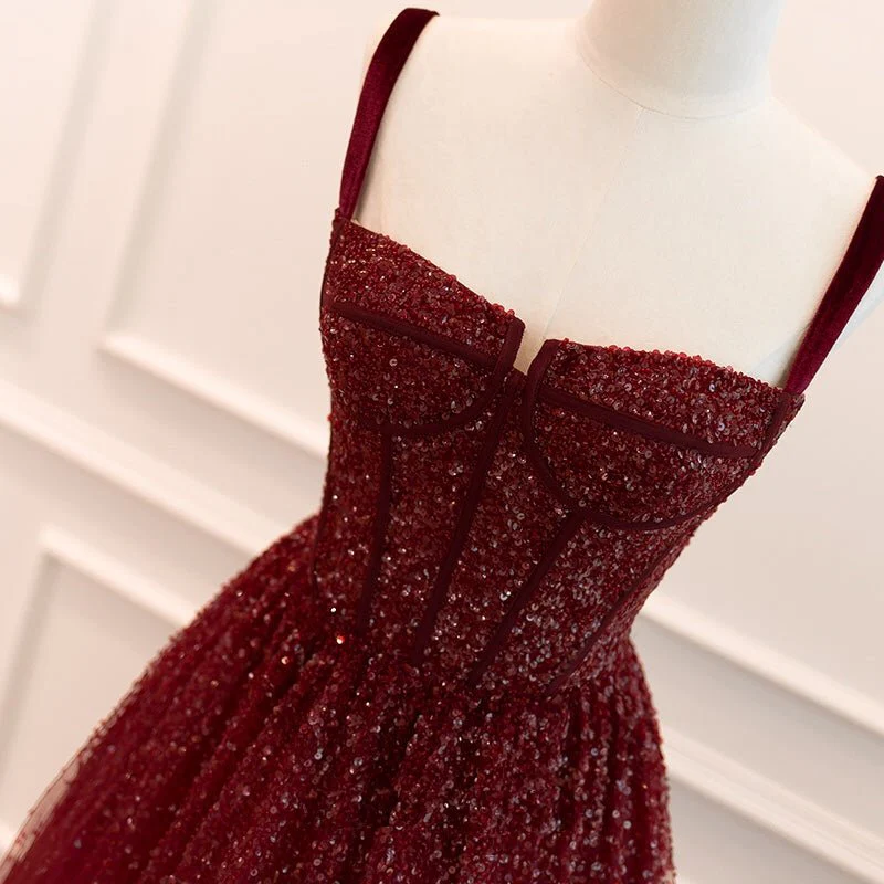 Shiny Burgundy Straps A-Line Long Formal Prom Dress Birthday Outfits, DP3586