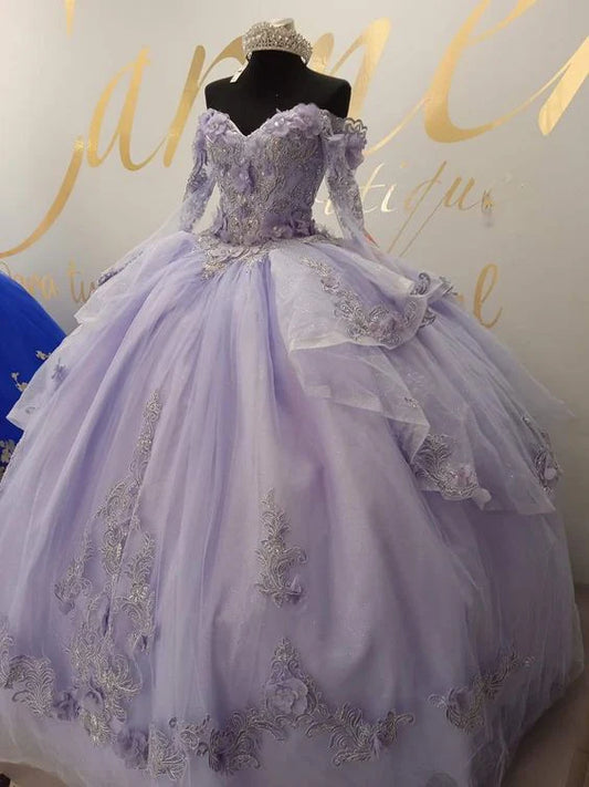 Wunderschönes lila Herzausschnitt-Applikation-Off-the-Shoulder-Kleid für Sweet 16 Quinceanera, A-Linie, bodenlanges Ballkleid, Geburtstagskleid, Abendkleid, Ballkleid DP6448