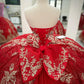Robe de bal de quinceañera rouge élégante, bustier, col en V, broderie de perles, tulle DP7231