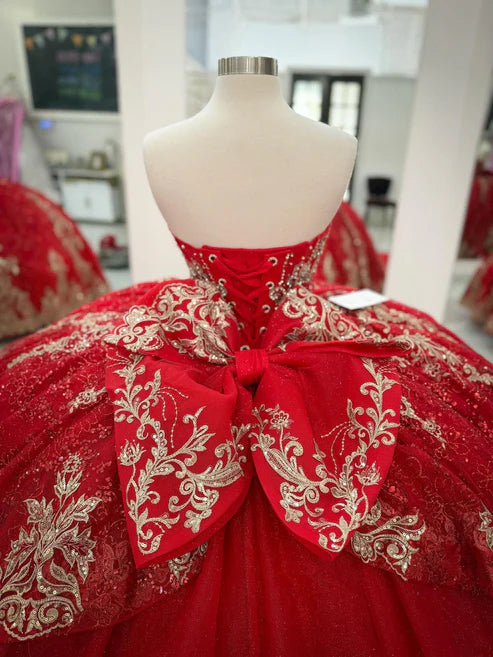 Robe de bal de quinceañera rouge élégante, bustier, col en V, broderie de perles, tulle DP7231