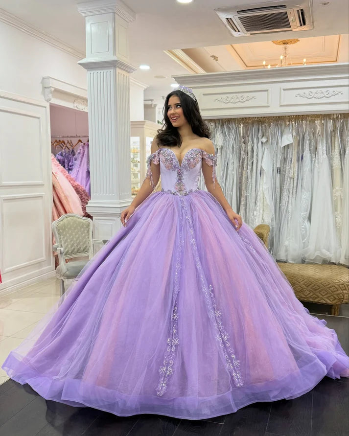 Glamorous Lilac Beaded Applique Off-Shoulder Sweetheart Ruffled Quinceanera Sweet 15 Ball Gown DP7193