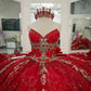 Robe de bal de quinceañera rouge élégante, bustier, col en V, broderie de perles, tulle DP7231