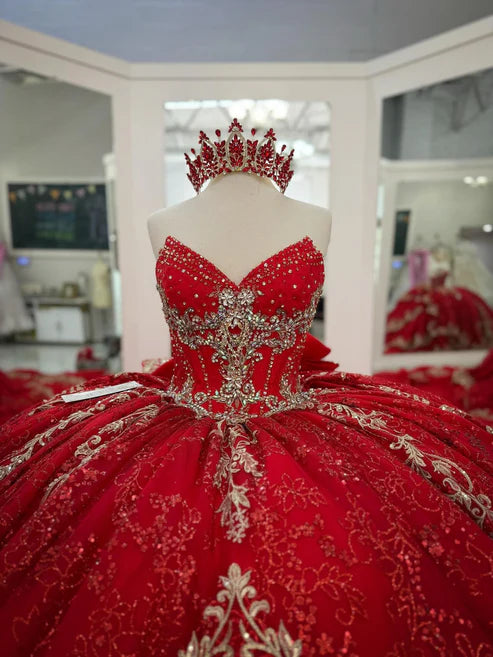 Robe de bal de quinceañera rouge élégante, bustier, col en V, broderie de perles, tulle DP7231