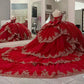 Robe de bal de quinceañera rouge élégante, bustier, col en V, broderie de perles, tulle DP7231