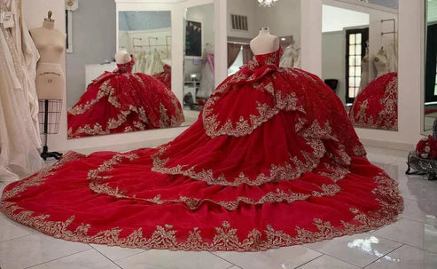 Robe de bal de quinceañera rouge élégante, bustier, col en V, broderie de perles, tulle DP7231