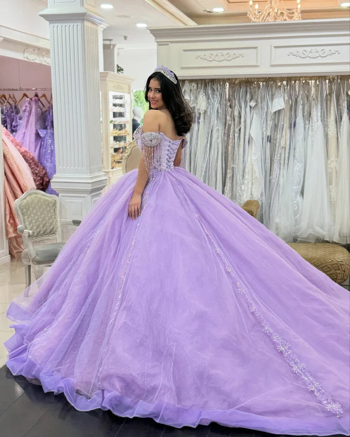 Glamorous Lilac Beaded Applique Off-Shoulder Sweetheart Ruffled Quinceanera Sweet 15 Ball Gown DP7193