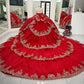 Robe de bal de quinceañera rouge élégante, bustier, col en V, broderie de perles, tulle DP7231